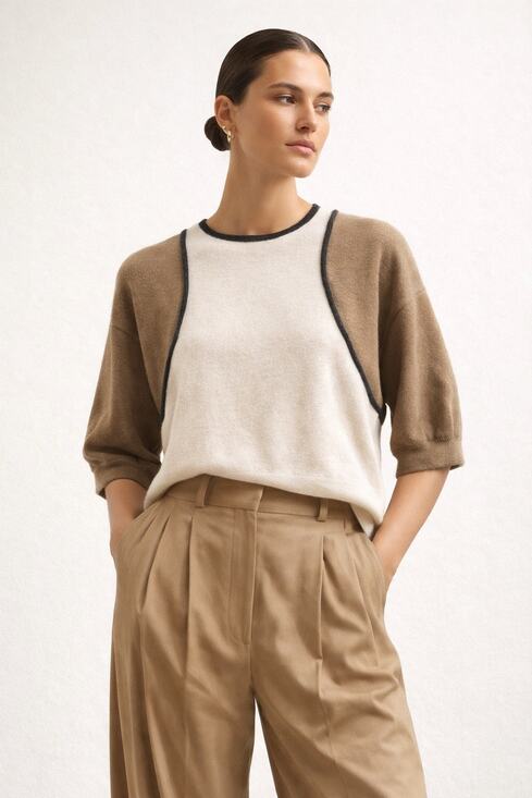 Brunello Cucinelli Sweaters - Brunello Cucinelli Cashmere Colorblock Short Sleeve Sweater Cream Jumper Medium